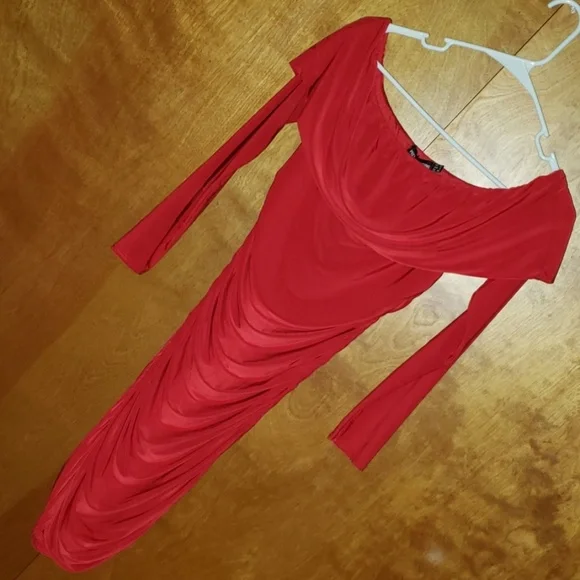 PLT Red Long Sleeve Bardot Ruched Bodycon Dress | Sz 8 - Picture 2 of 5